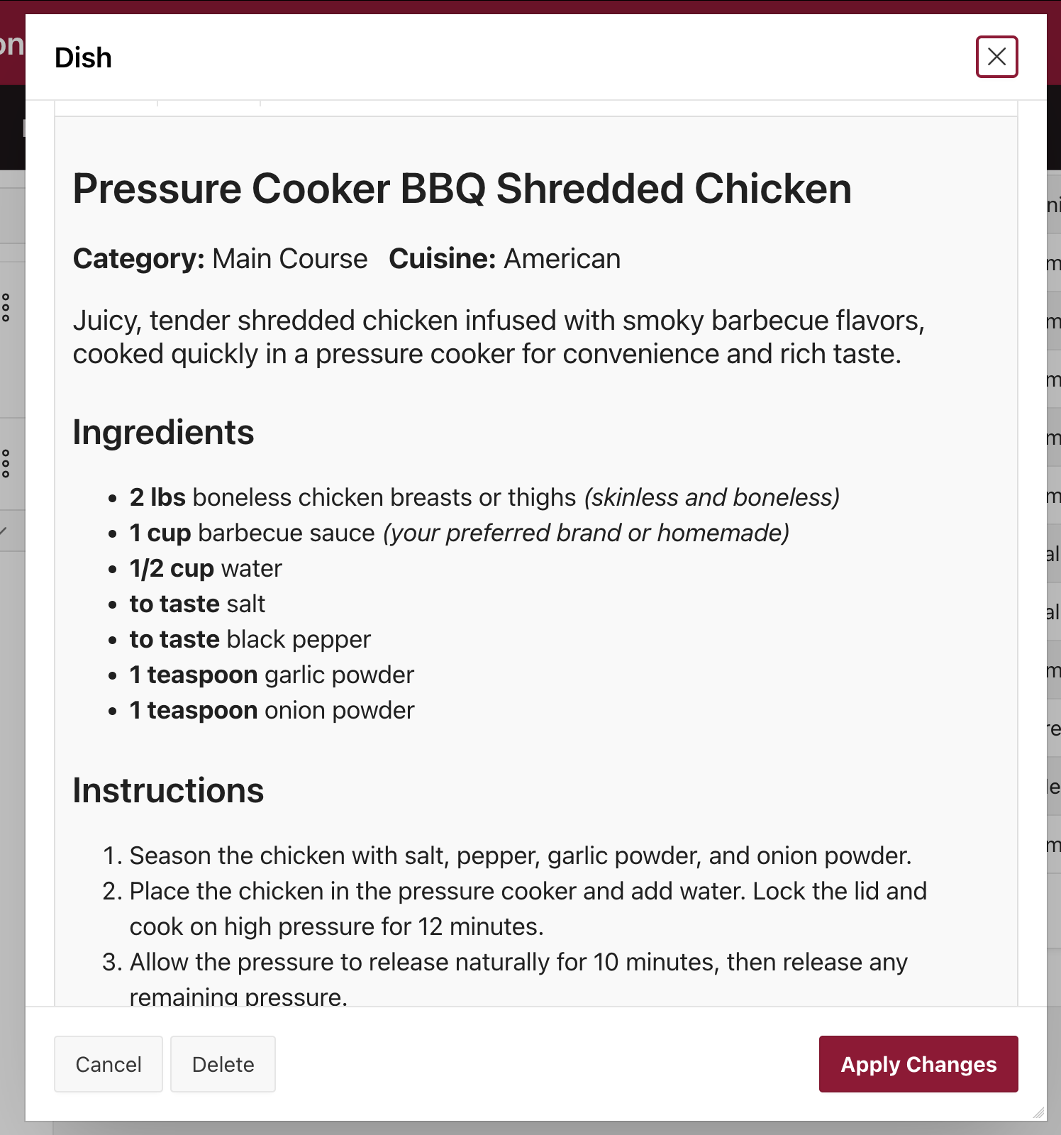 CuisineDB recipe card detail view showing title, category, cuisine, ingredients, and step-by-step instructions.